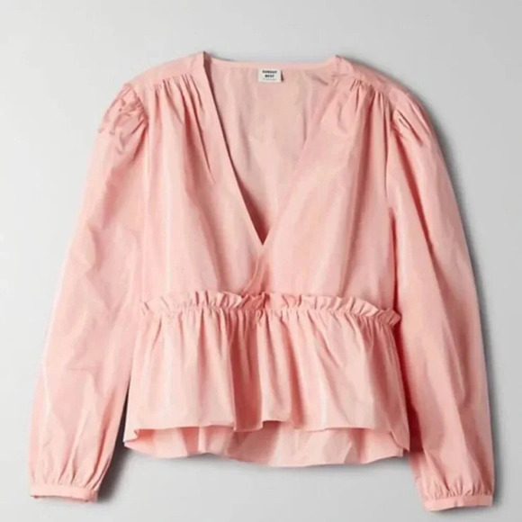 Aritzia Sunday Best Babydoll  Ruffle Jinx Peplum Blouse Light Pink Rose Sz Small - Picture 2 of 7